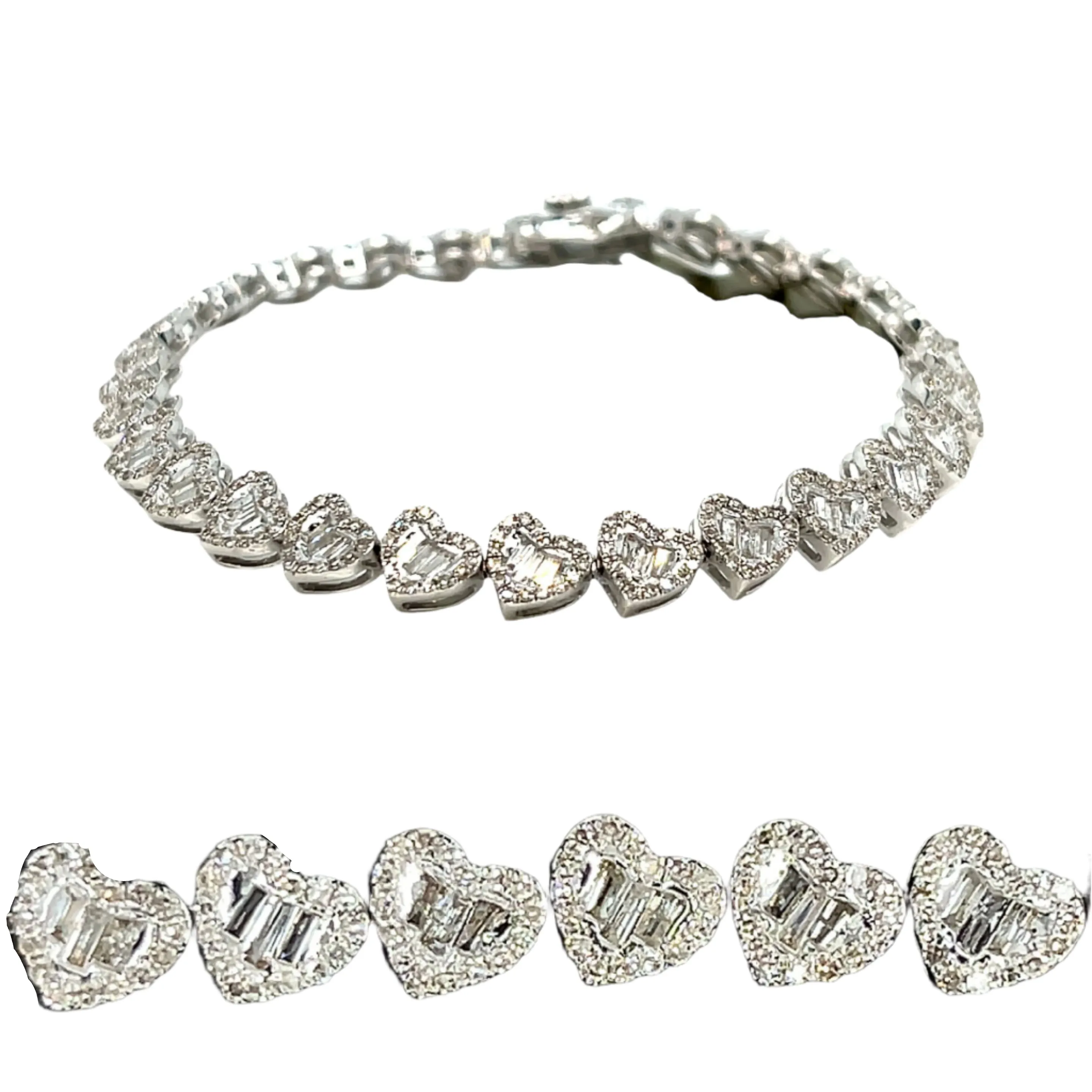 10K Gold 6.5MM Adore Heart Link Natural Diamond Baguette Bracelet 7" - SBR25969