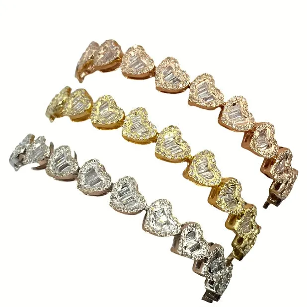 10K Gold 6.5MM Adore Heart Link Natural Diamond Baguette Bracelet 7" - SBR25969