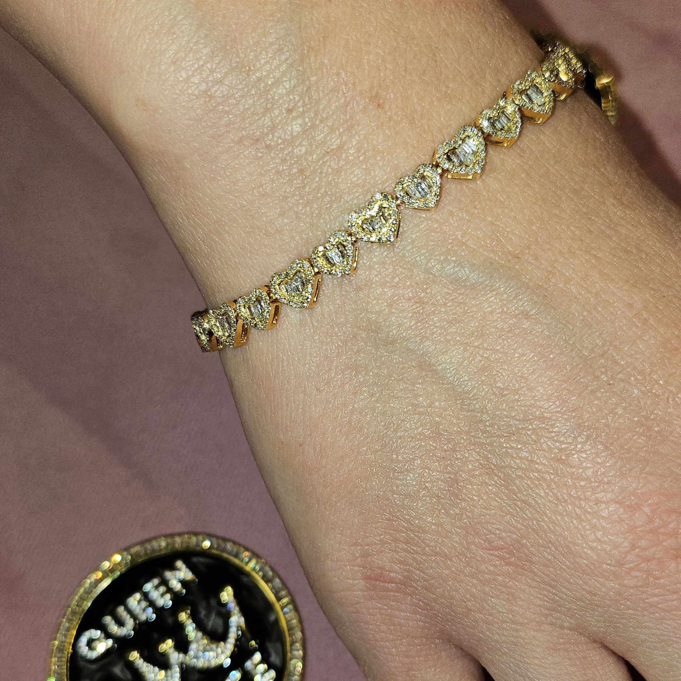 10K Gold 6.5MM Adore Heart Link Natural Diamond Baguette Bracelet 7" - SBR25969
