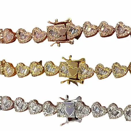 10K Gold 6.5MM Adore Heart Link Natural Diamond Baguette Bracelet 7" - SBR25969