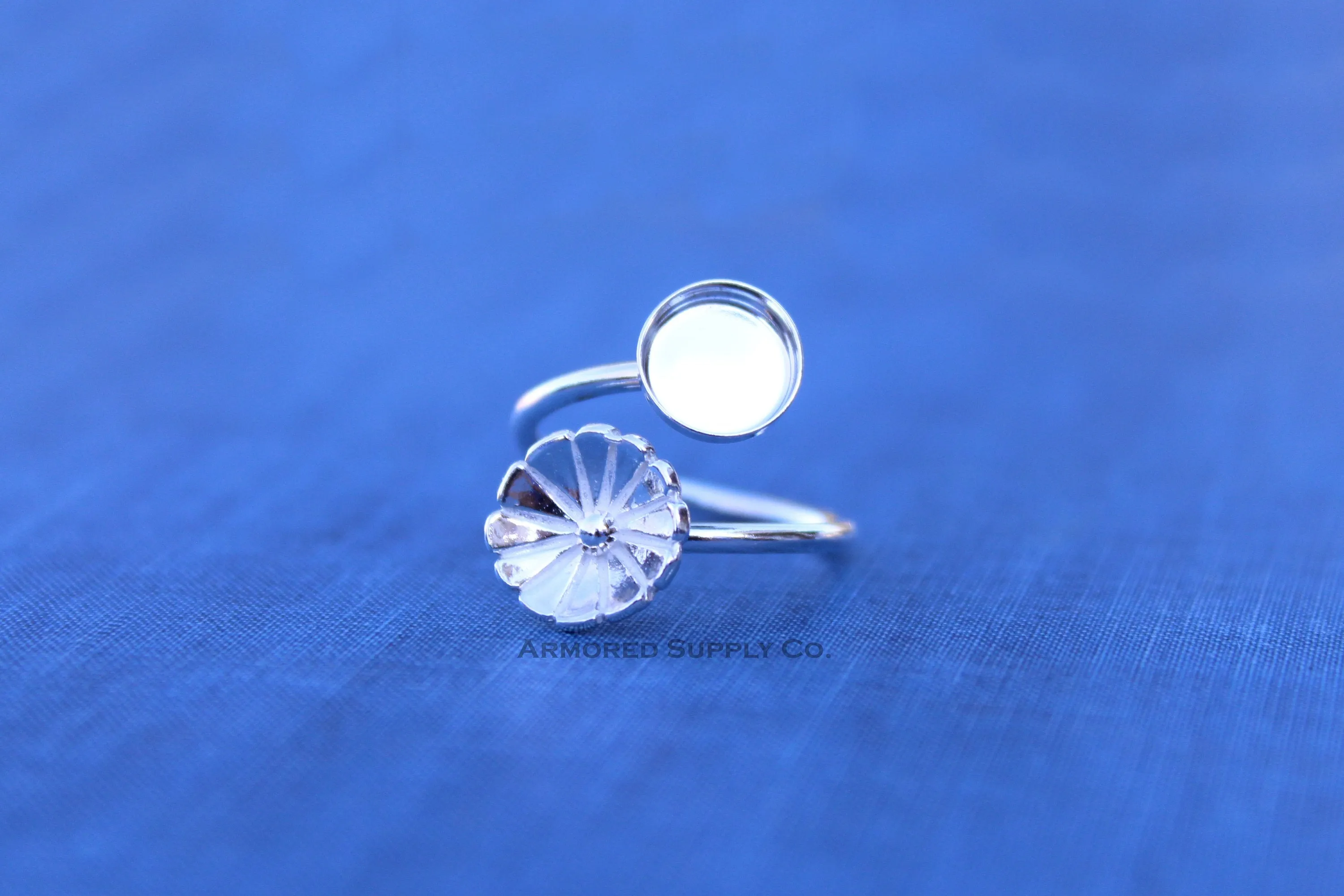 10mm Silver Flower Wrap Adjustable Bezel Cup Ring blank