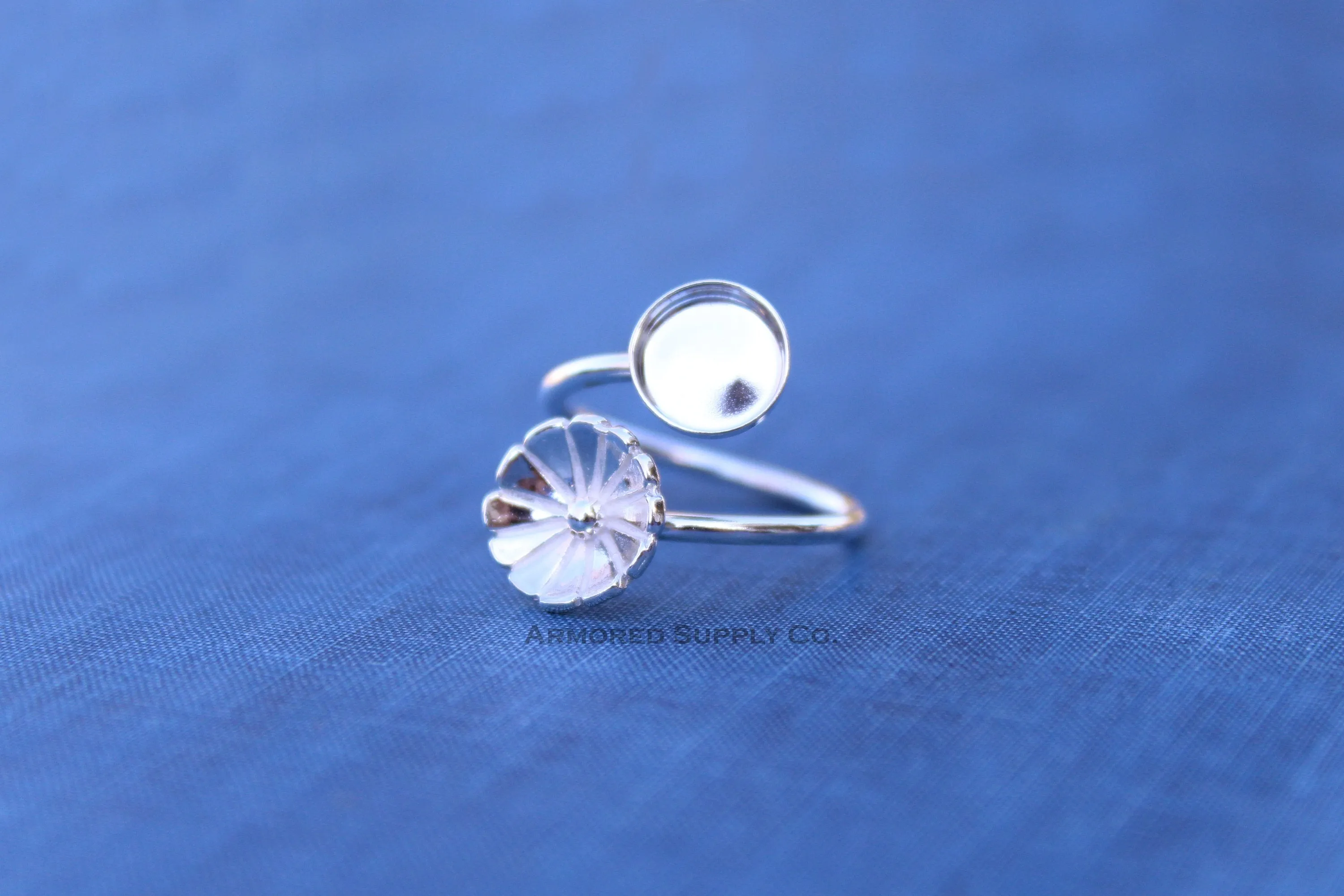 10mm Silver Flower Wrap Adjustable Bezel Cup Ring blank