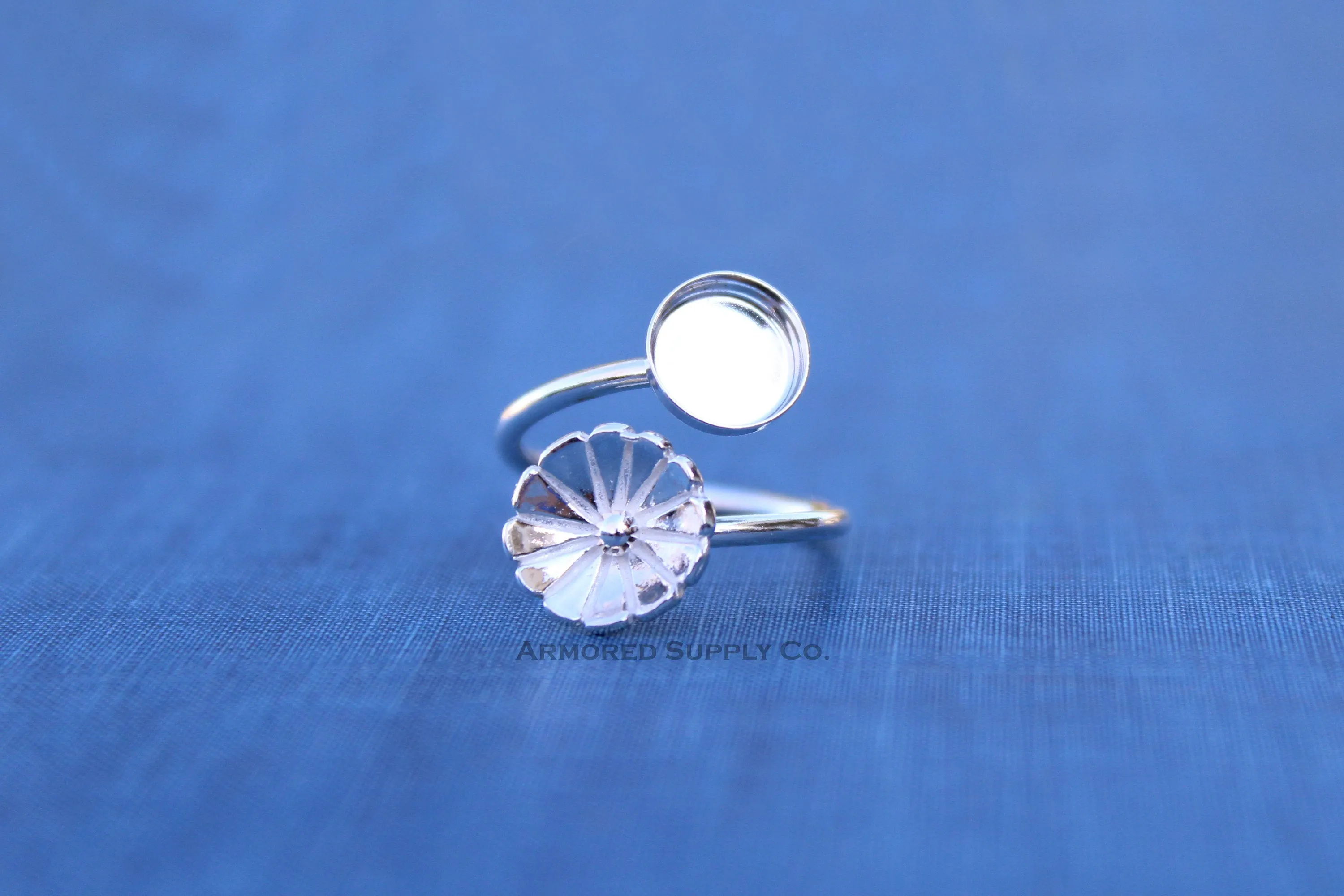 10mm Silver Flower Wrap Adjustable Bezel Cup Ring blank
