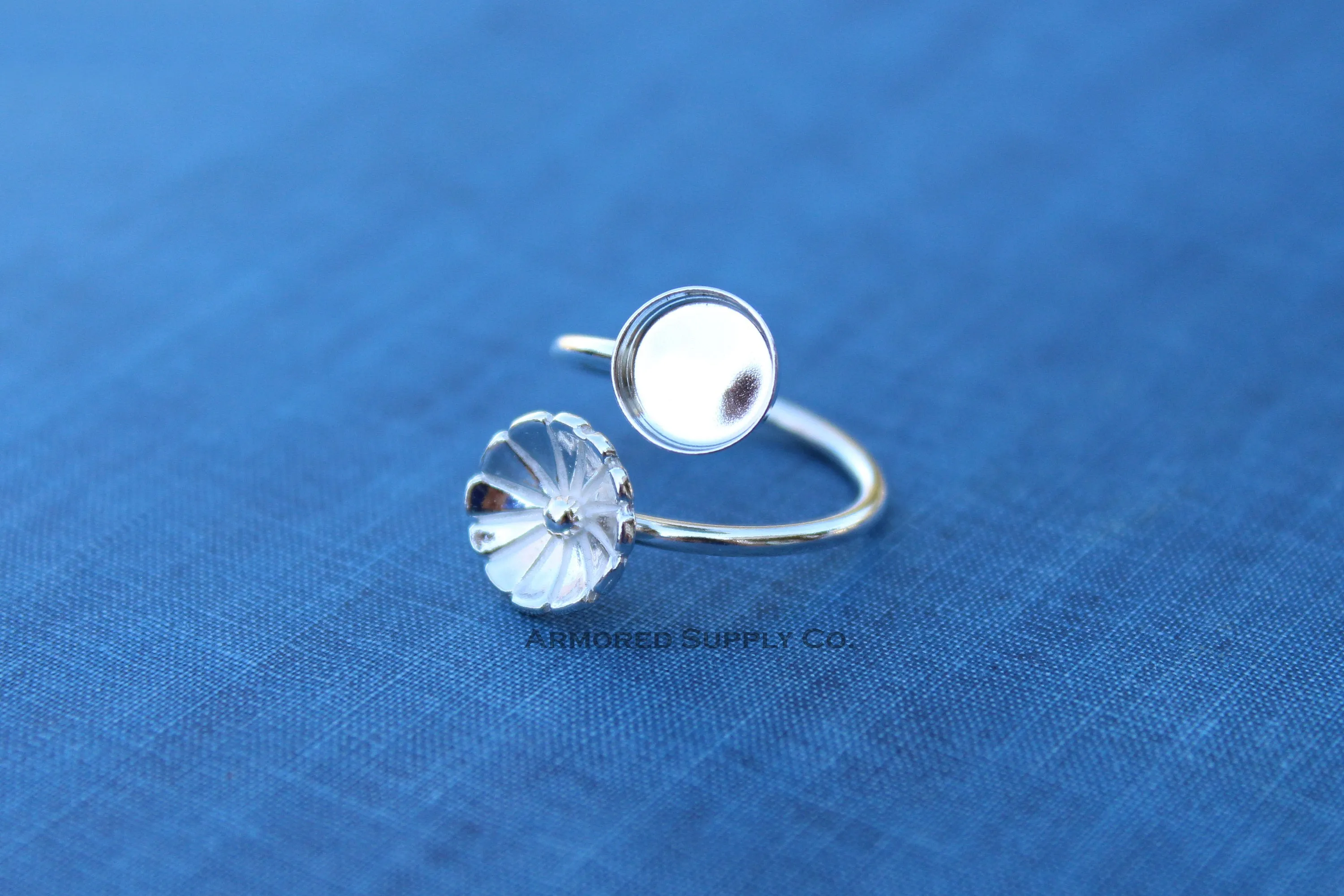 10mm Silver Flower Wrap Adjustable Bezel Cup Ring blank