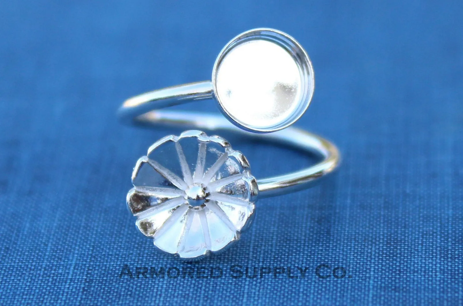 10mm Silver Flower Wrap Adjustable Bezel Cup Ring blank