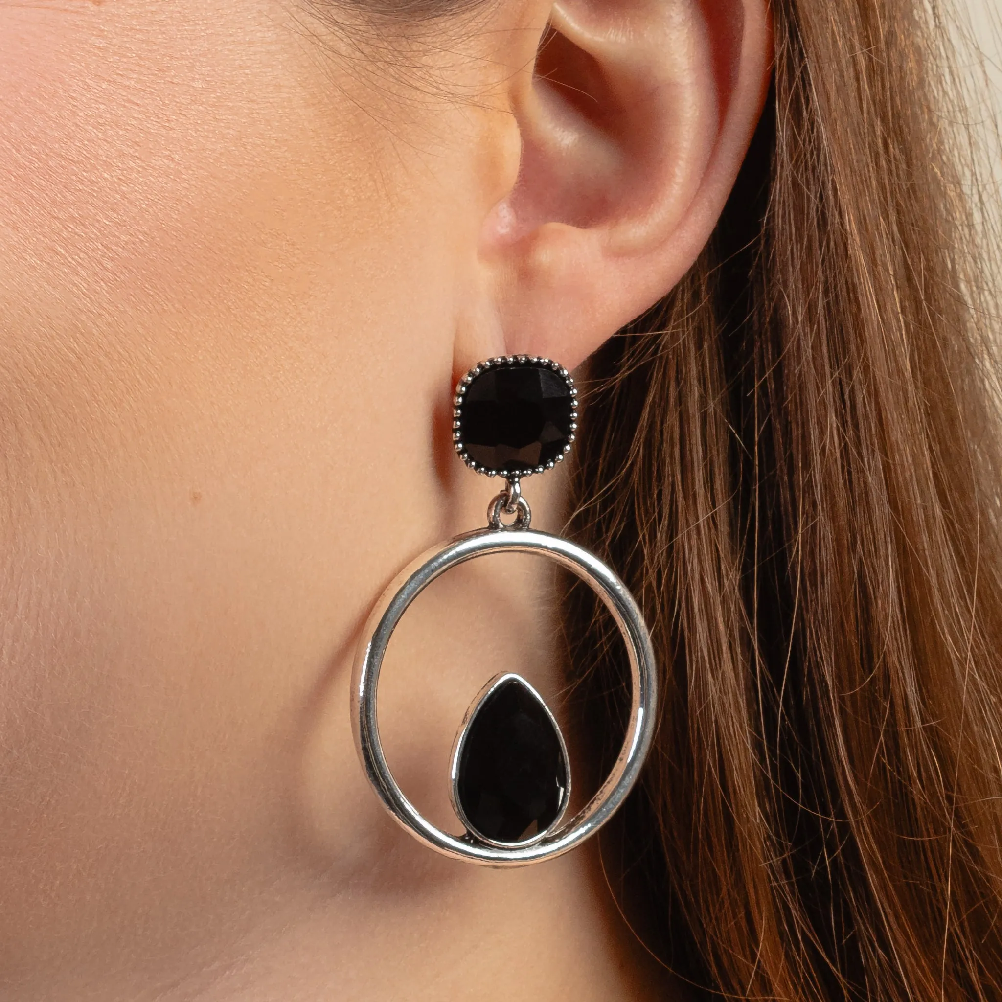 1387 - Crystal Hoop Earrings - Black