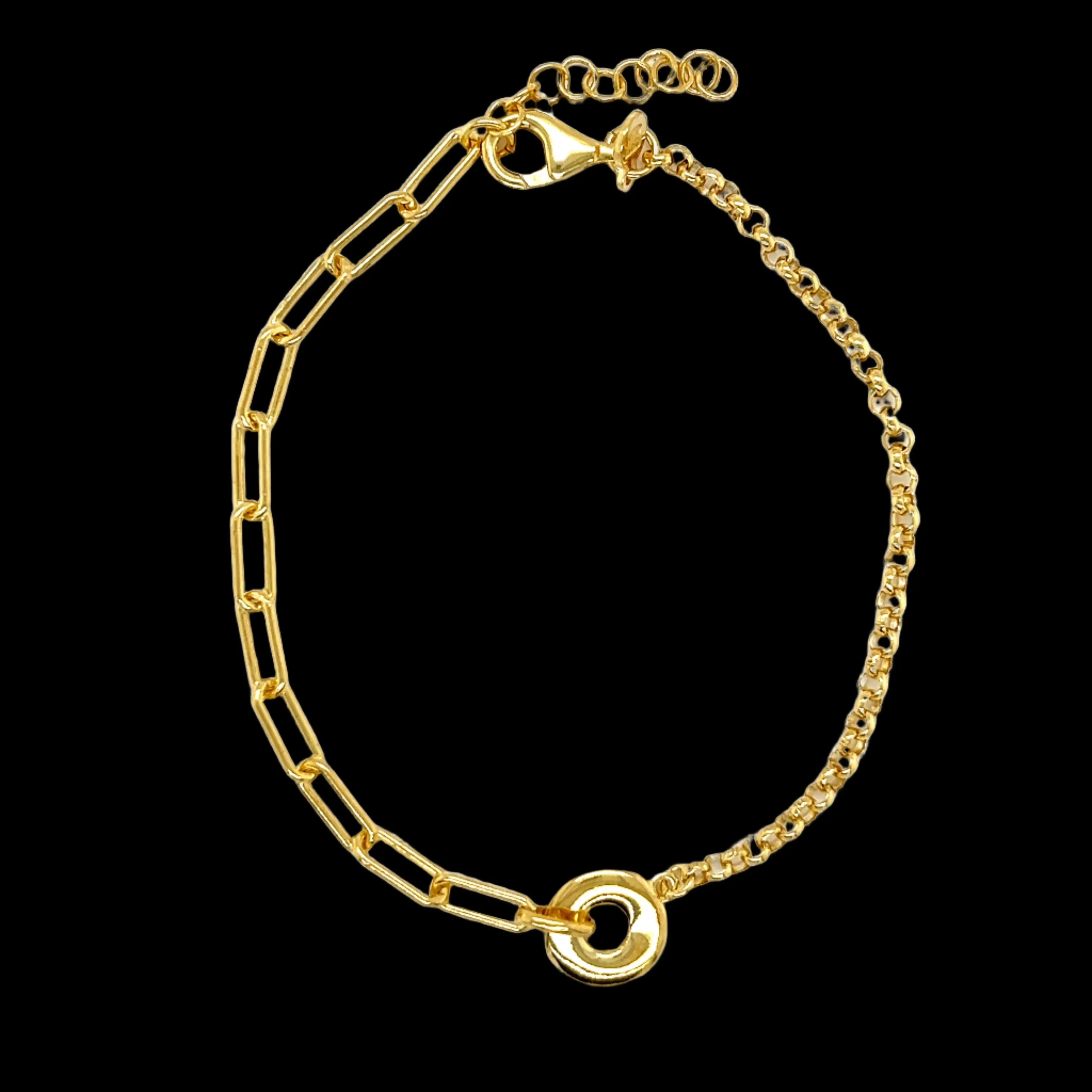 14k Gold over Sterling Silver Donut Charm Paperclip & Rolo 8" Bracelet