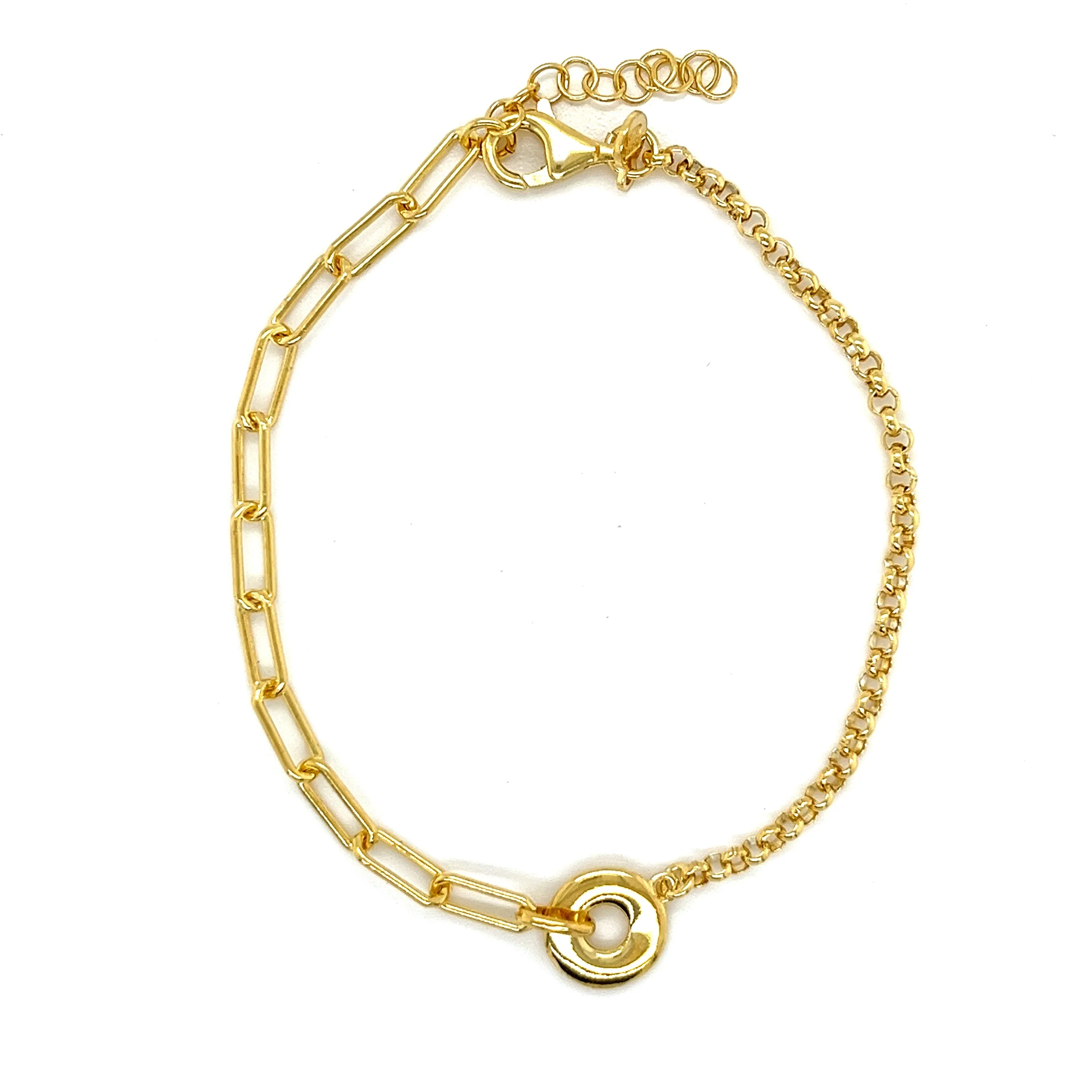 14k Gold over Sterling Silver Donut Charm Paperclip & Rolo 8" Bracelet
