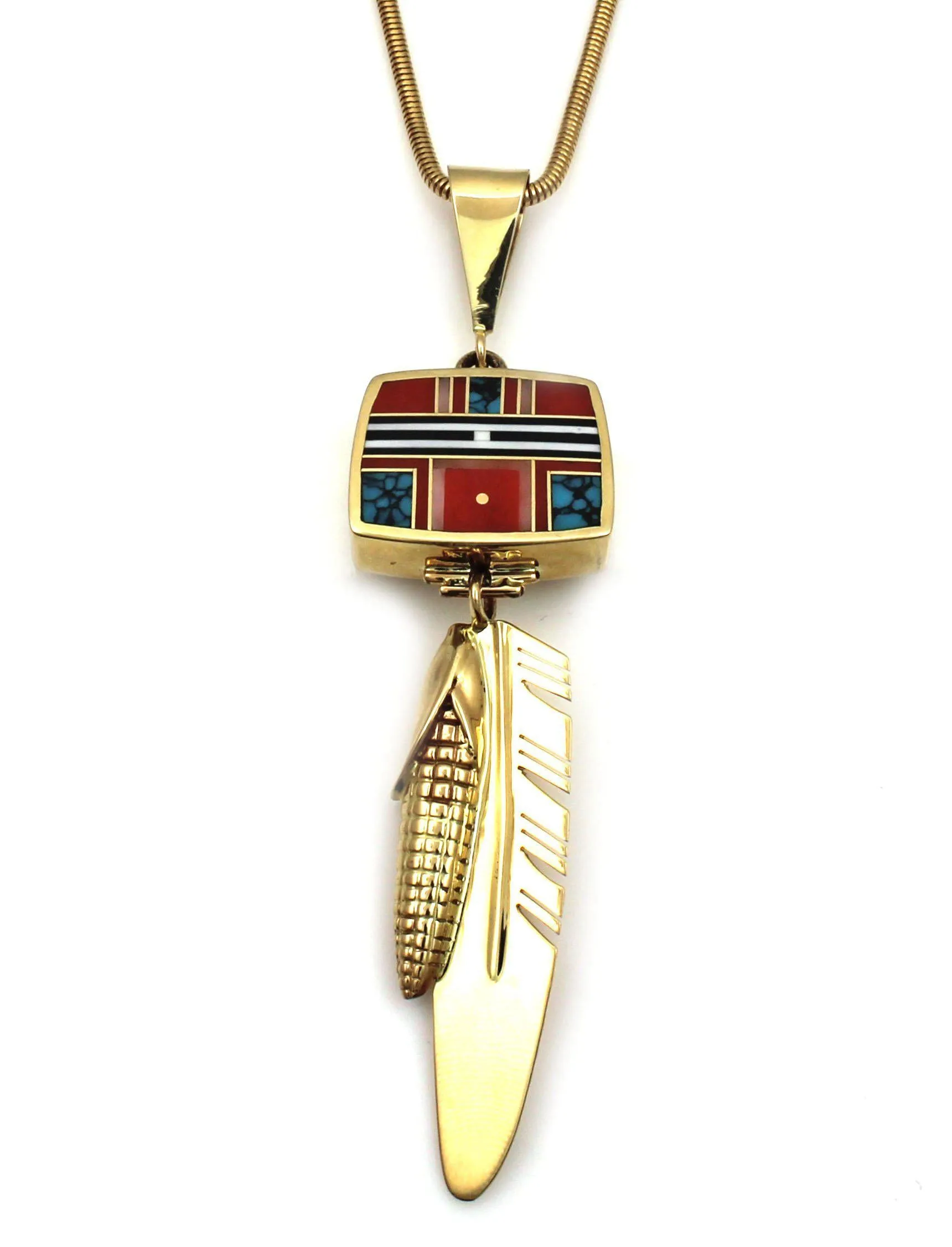 14K Gold Reversible Top Inlay/Feather Pendant