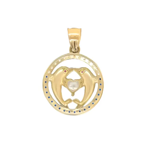 14K Gold Round Dolphins & Heart Pendant