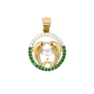 14K Gold Round Dolphins & Heart Pendant