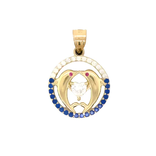 14K Gold Round Dolphins & Heart Pendant