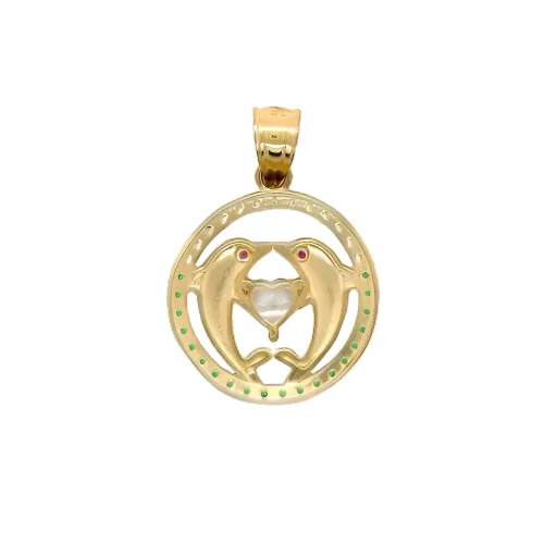 14K Gold Round Dolphins & Heart Pendant