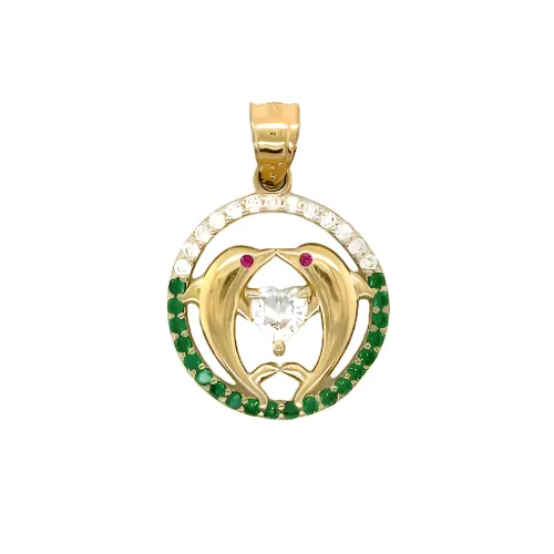 14K Gold Round Dolphins & Heart Pendant