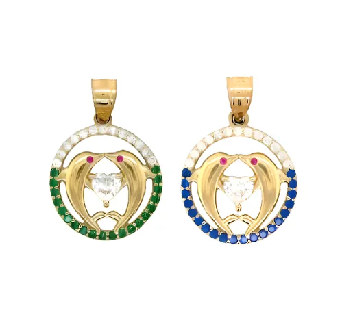 14K Gold Round Dolphins & Heart Pendant