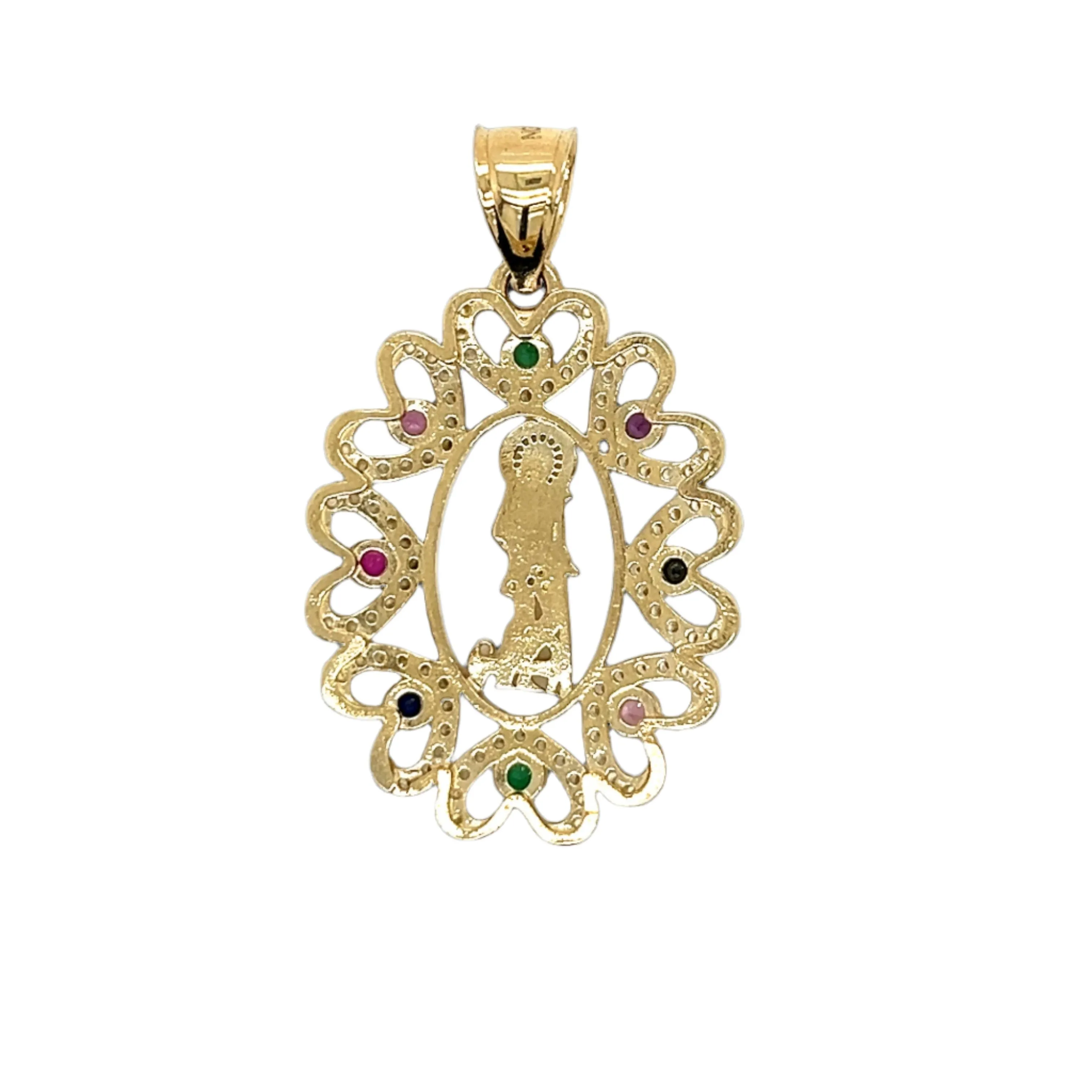 14K Gold San Judas Colored Hearts Cubic Zirconia 1.2" Charm Pendant