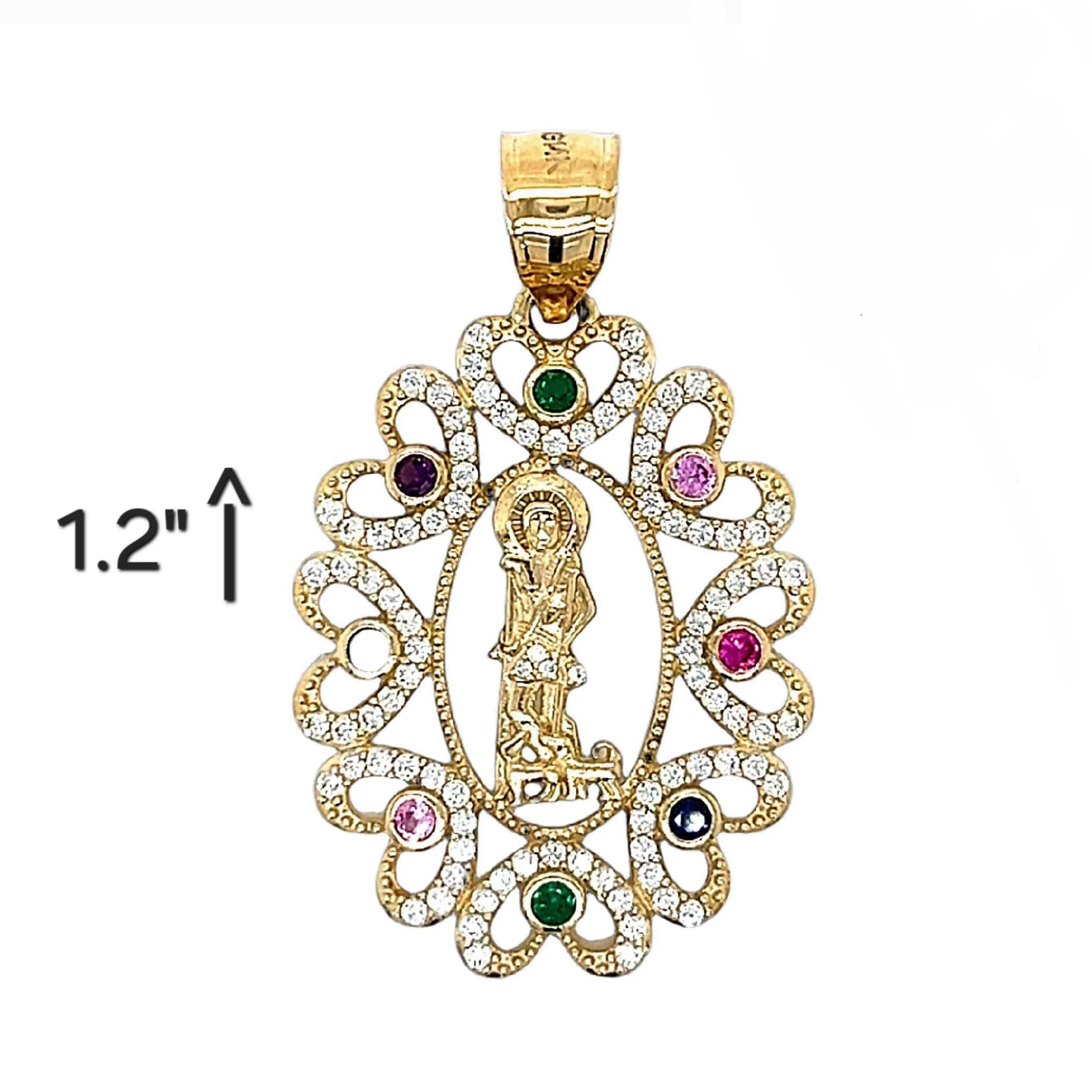 14K Gold San Judas Colored Hearts Cubic Zirconia 1.2" Charm Pendant