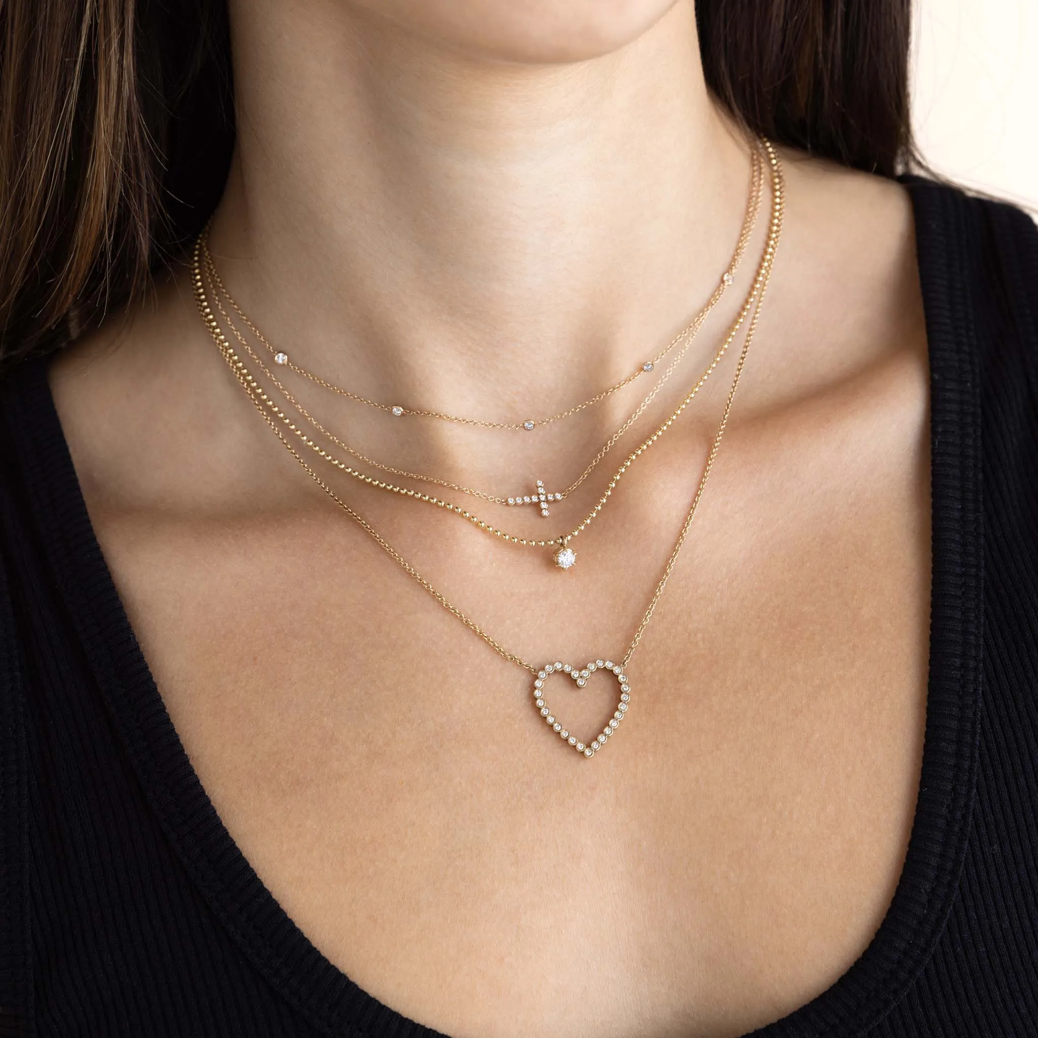 14k Prong Diamond Solitaire Bead Chain Necklace