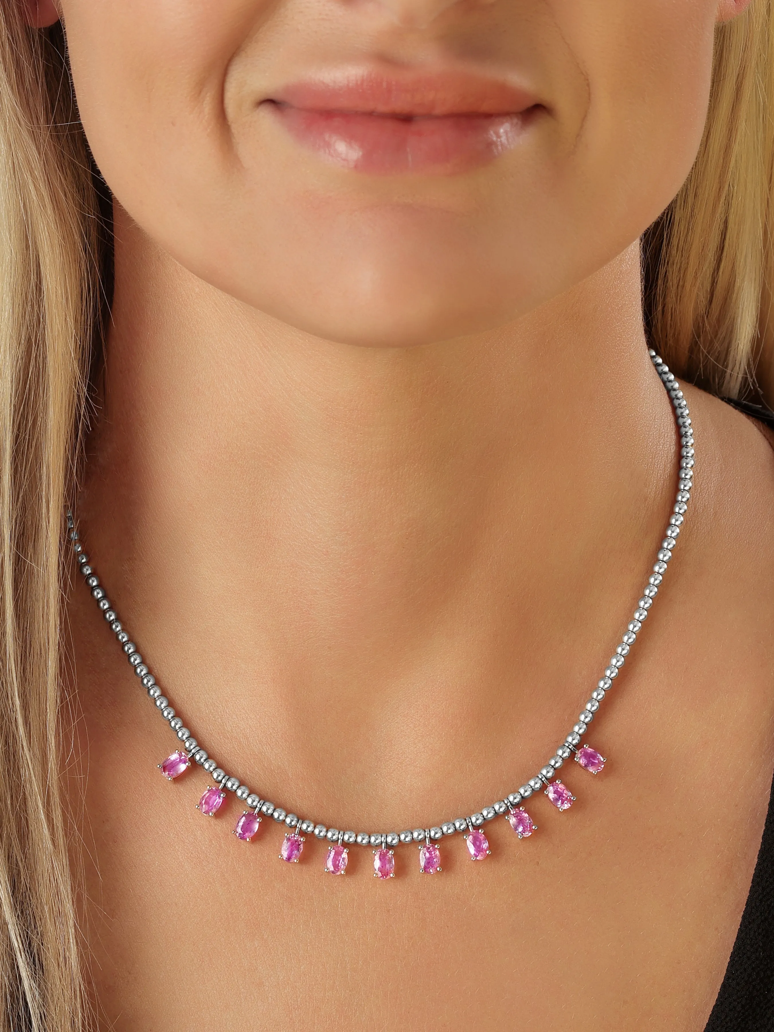 14k White Gold Pink Sapphire Drop Necklace