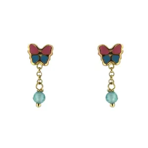 18K Yellow Gold  Enamel  BLue and Pink Butterfly and Dangle Crystal bead Post Earrings H 0.60 inches