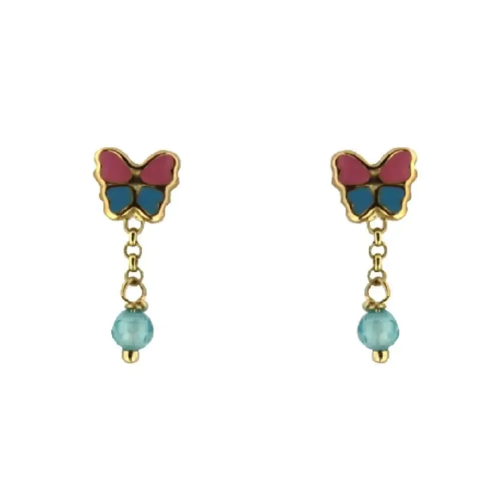 18K Yellow Gold  Enamel  BLue and Pink Butterfly and Dangle Crystal bead Post Earrings H 0.60 inches