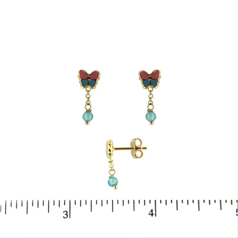 18K Yellow Gold  Enamel  BLue and Pink Butterfly and Dangle Crystal bead Post Earrings H 0.60 inches