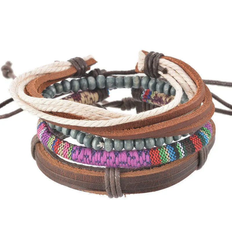 1Set 4pcs Braided Adjustable Leather popular Bracelet Cuff Women Men`s Casual Jewelry