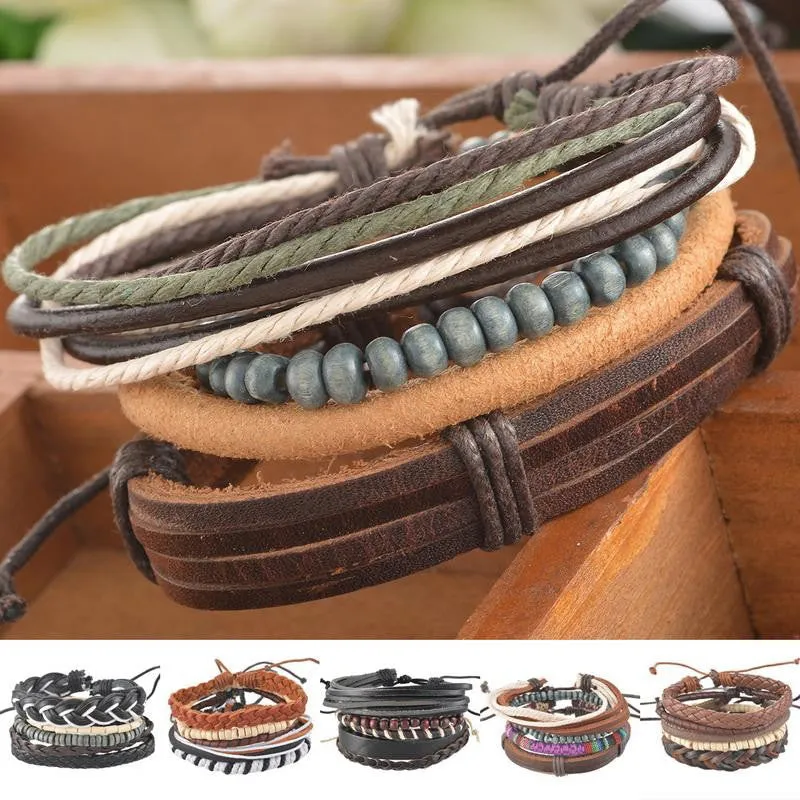 1Set 4pcs Braided Adjustable Leather popular Bracelet Cuff Women Men`s Casual Jewelry