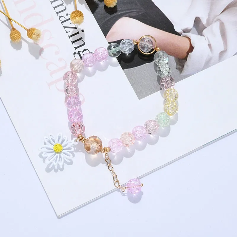 2022 New Korean Flowers Daisy Bracelets Bohemian Colorful Crystal Beaded Bracelet Handmade Elastic Rope Women Pulseira Jewelry