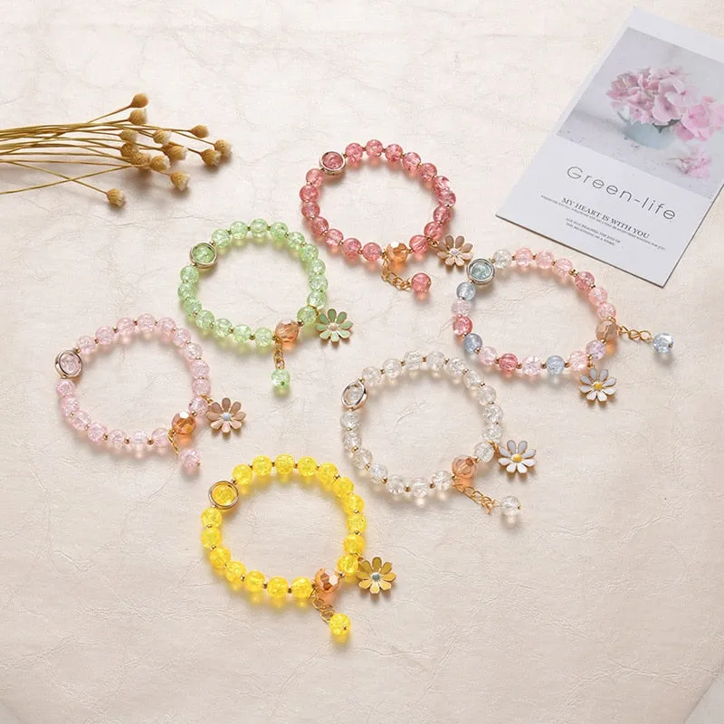 2022 New Korean Flowers Daisy Bracelets Bohemian Colorful Crystal Beaded Bracelet Handmade Elastic Rope Women Pulseira Jewelry