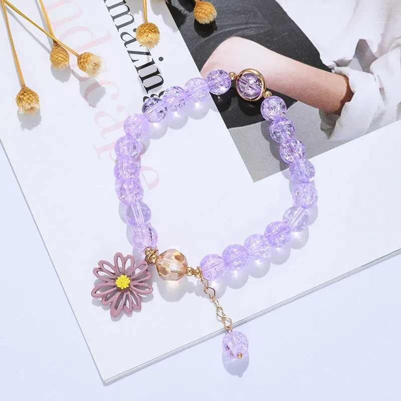2022 New Korean Flowers Daisy Bracelets Bohemian Colorful Crystal Beaded Bracelet Handmade Elastic Rope Women Pulseira Jewelry
