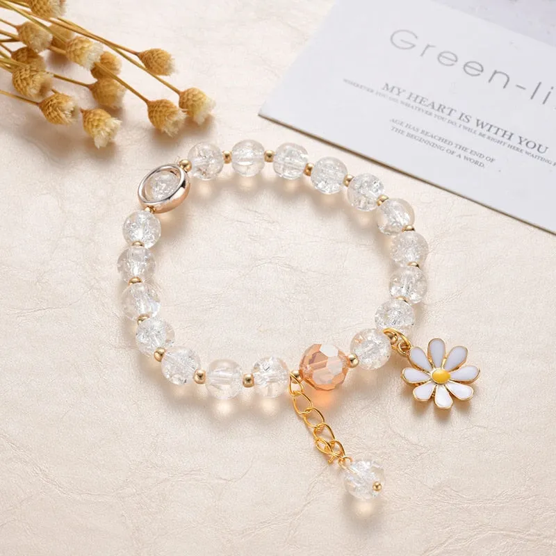 2022 New Korean Flowers Daisy Bracelets Bohemian Colorful Crystal Beaded Bracelet Handmade Elastic Rope Women Pulseira Jewelry