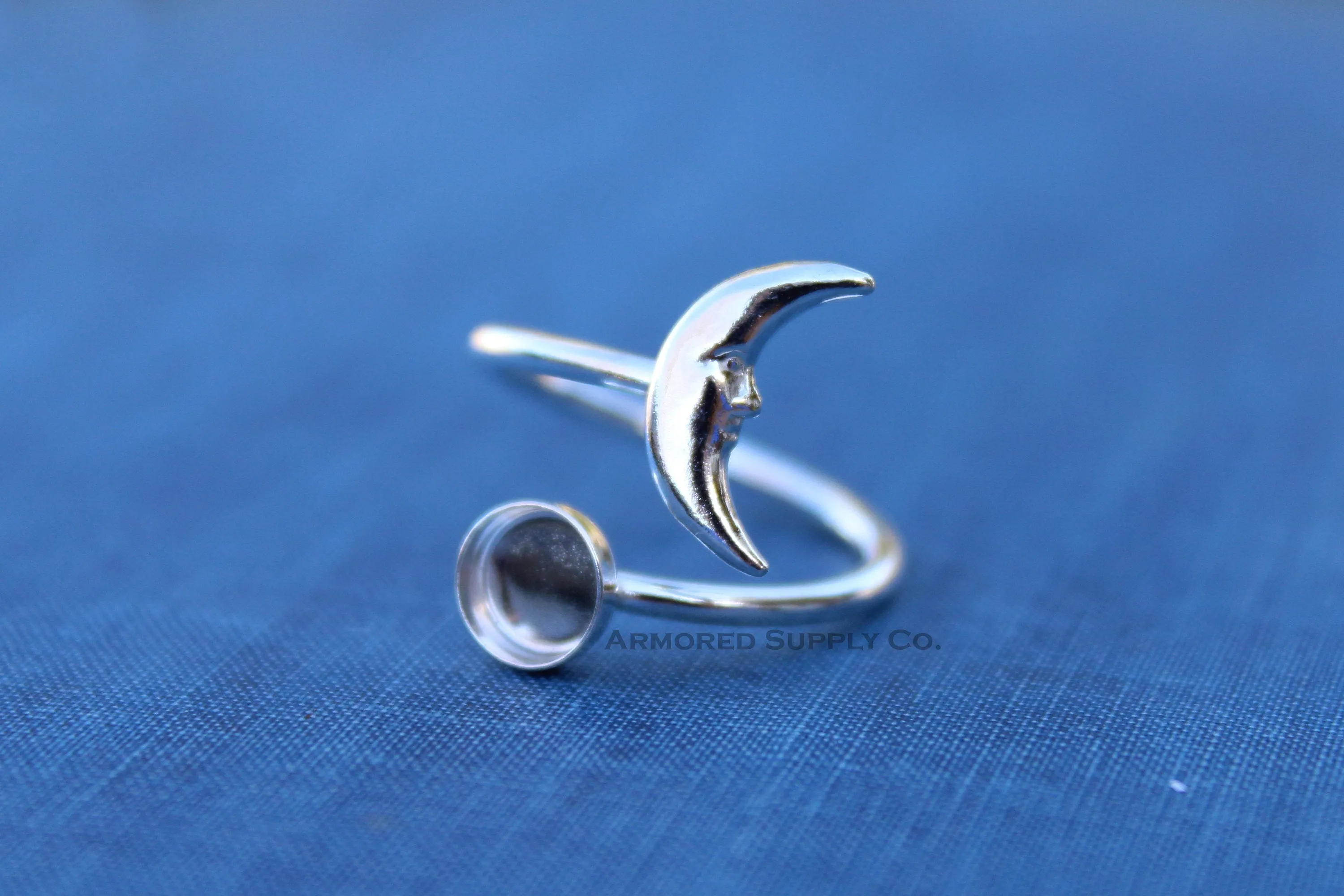 3mm Bezel Silver Crescent Moon Wrap Bypass Adjustable Ring blank