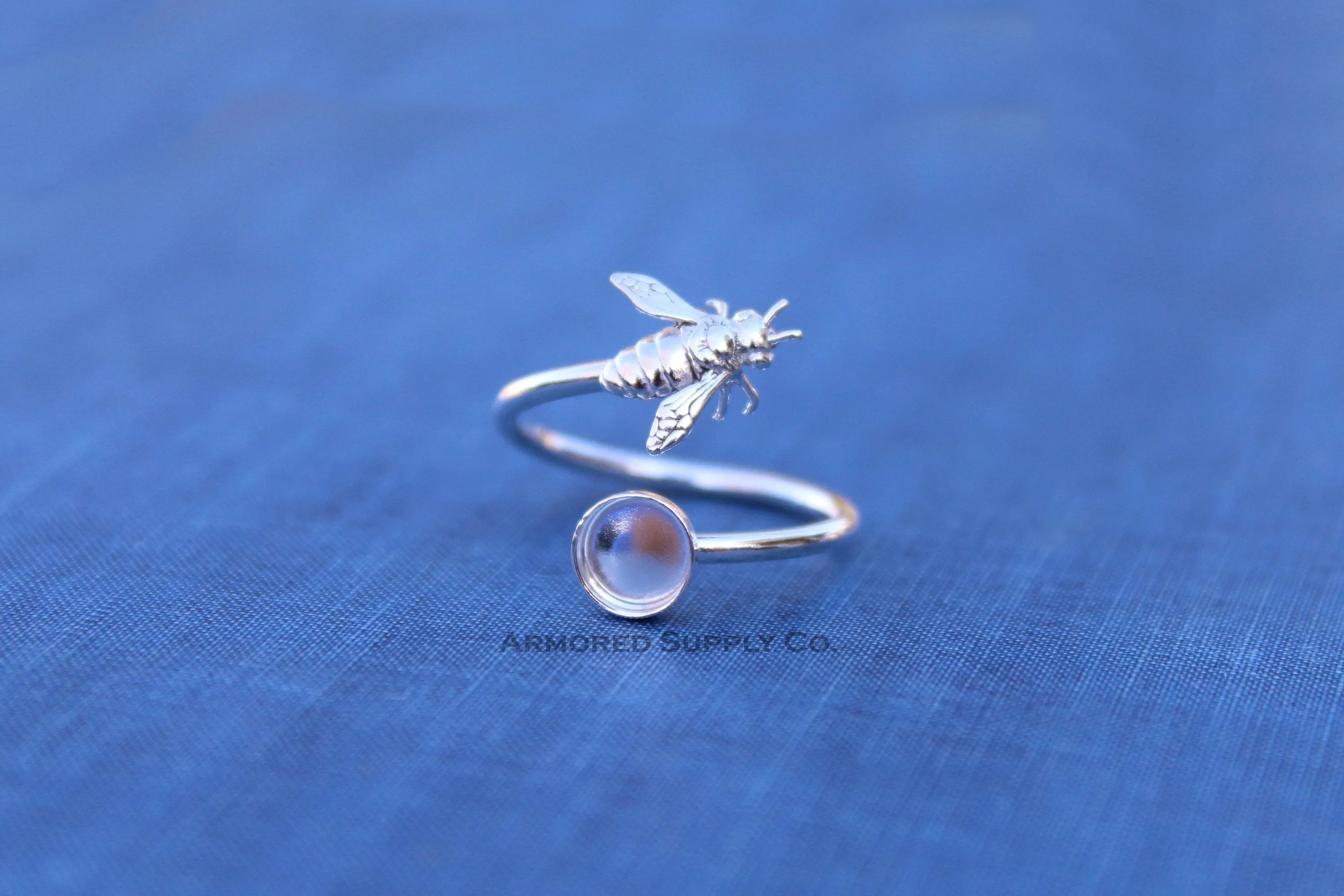 3mm Bezel Silver Honey Bee Wrap Bypass Adjustable Ring blank