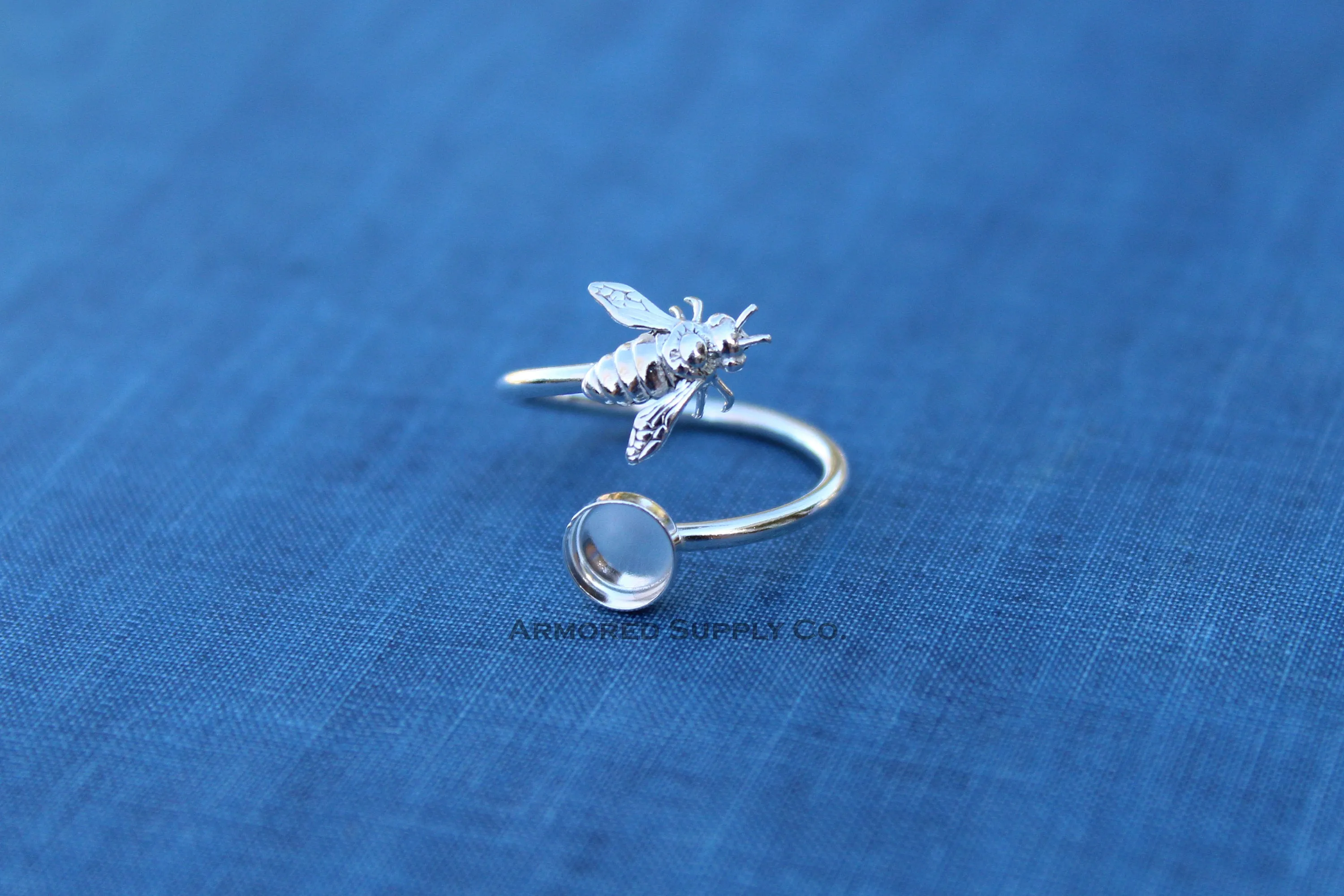 3mm Bezel Silver Honey Bee Wrap Bypass Adjustable Ring blank