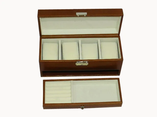 4 Slot Watch Box with Ring & Cufflink Box in Genuine Leather