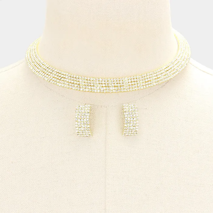 5 Row Rhinestone Choker and Earrings on Gold| 351951