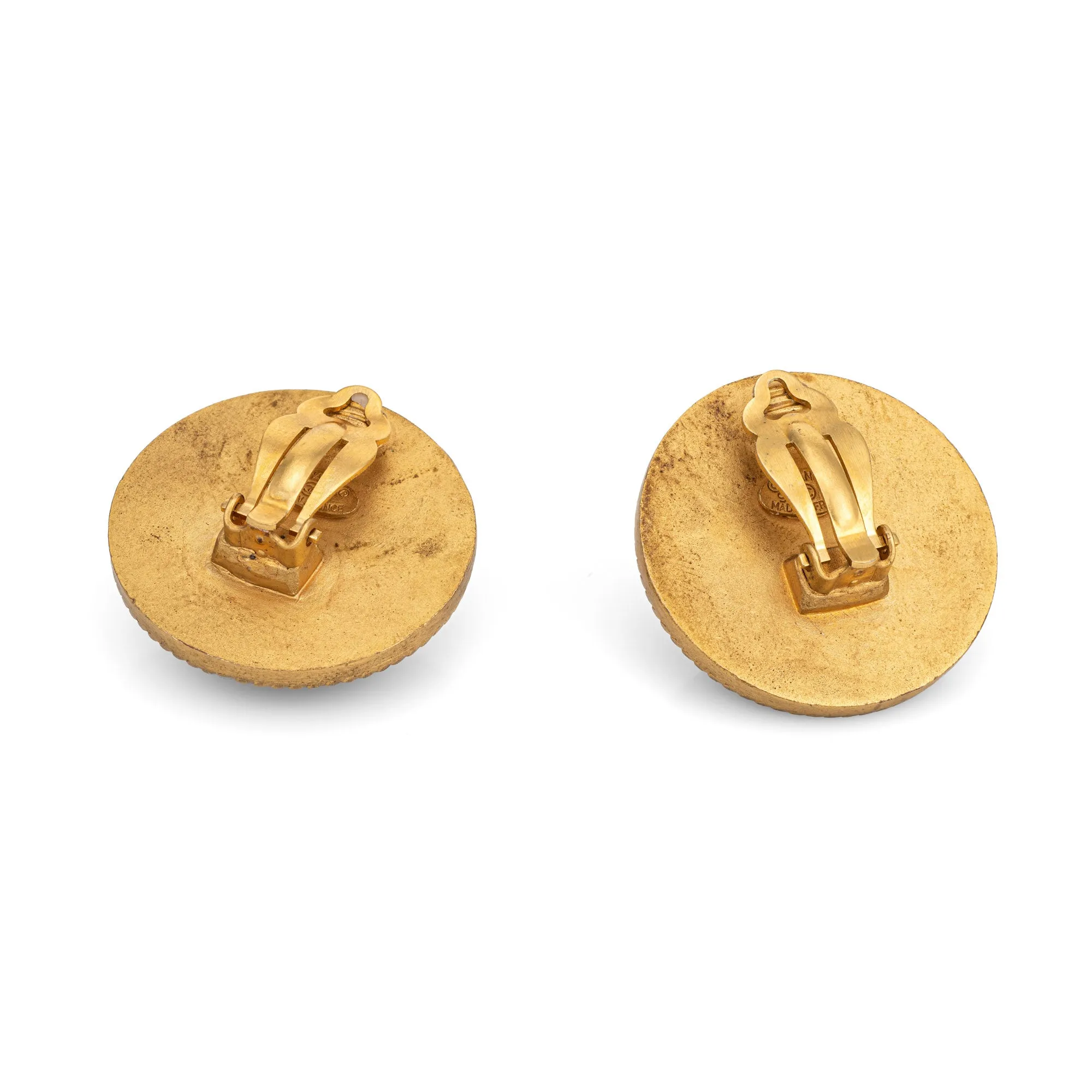 90s Chanel CC Logo Earrings Large Jumbo Round Clip On Yellow Tone c1994