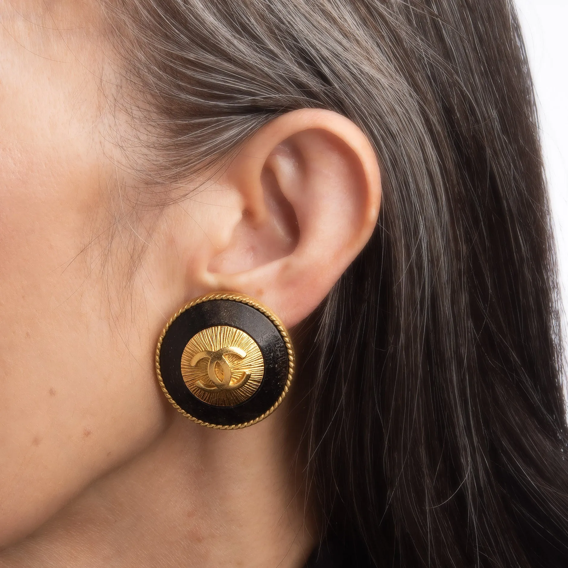 90s Chanel CC Logo Earrings Large Jumbo Round Clip On Yellow Tone c1994