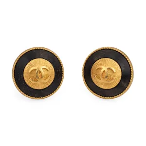 90s Chanel CC Logo Earrings Large Jumbo Round Clip On Yellow Tone c1994