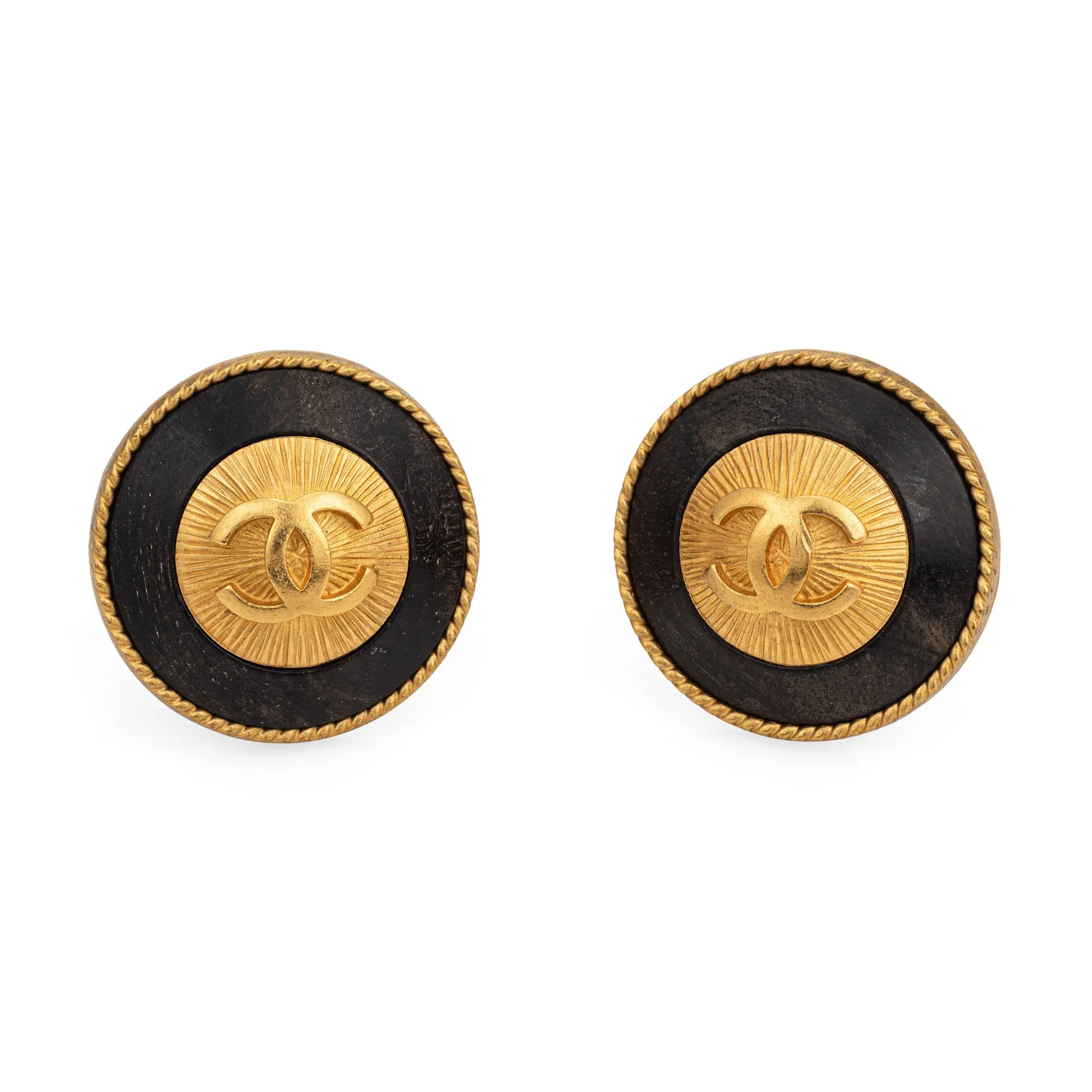 90s Chanel CC Logo Earrings Large Jumbo Round Clip On Yellow Tone c1994