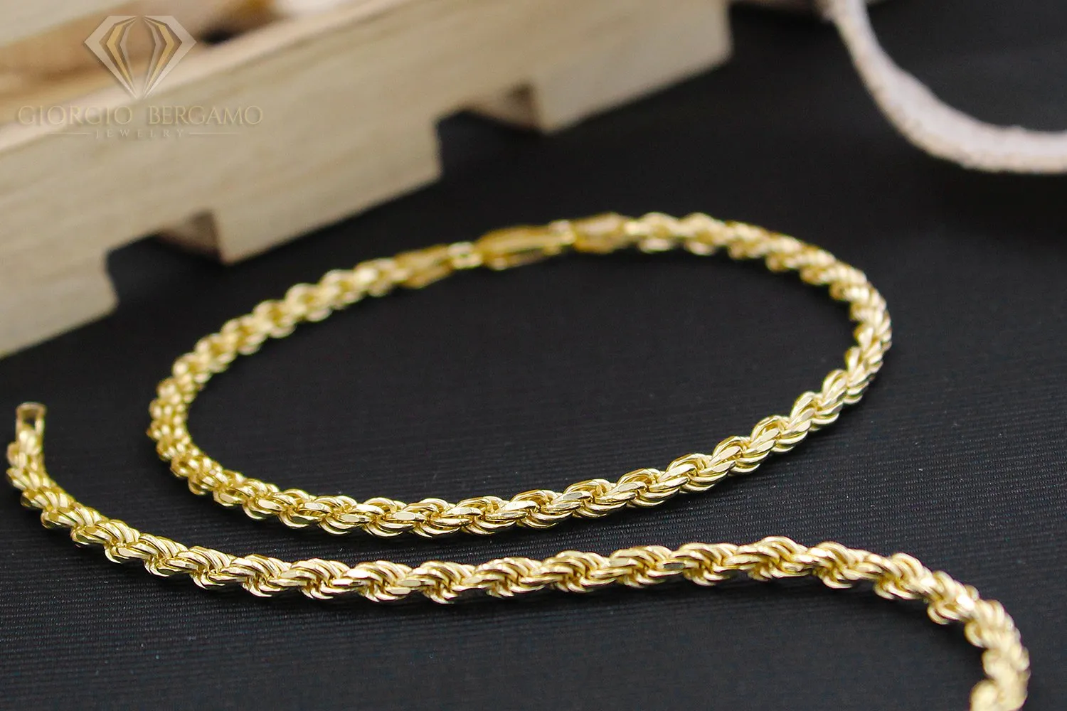 925 Sterling Silver 3.5mm Solid Rope Diamond Cut Gold Plated Bracelet