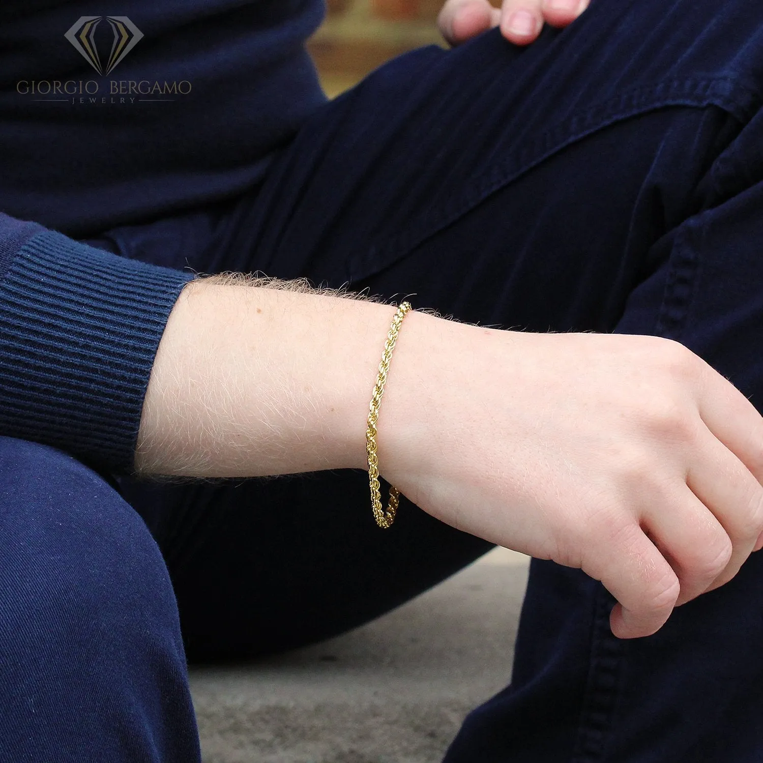 925 Sterling Silver 3.5mm Solid Rope Diamond Cut Gold Plated Bracelet