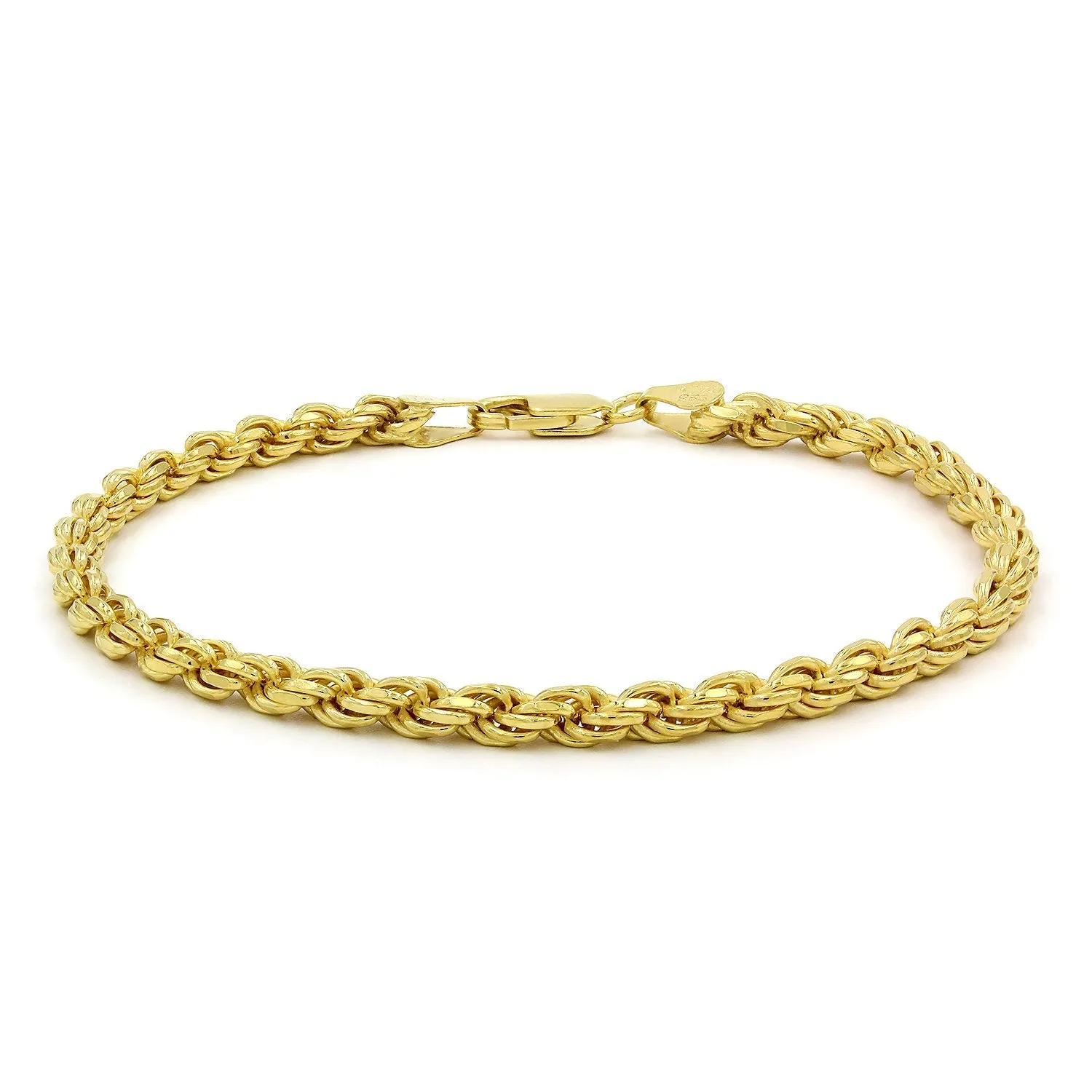 925 Sterling Silver 4mm Solid Rope Diamond Cut Gold Plated Bracelet