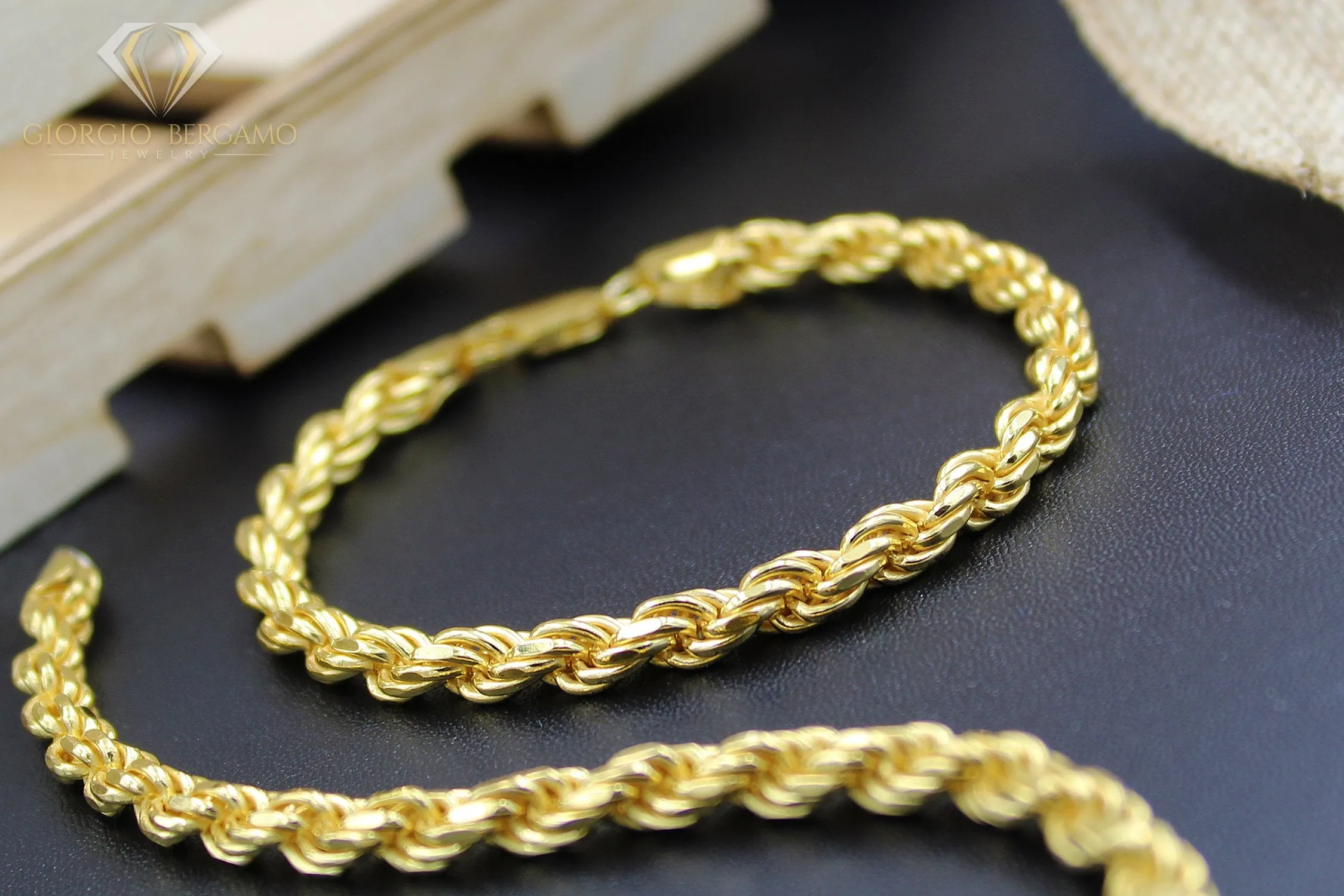 925 Sterling Silver 5.5mm Solid Rope Diamond Cut Gold Plated Bracelet