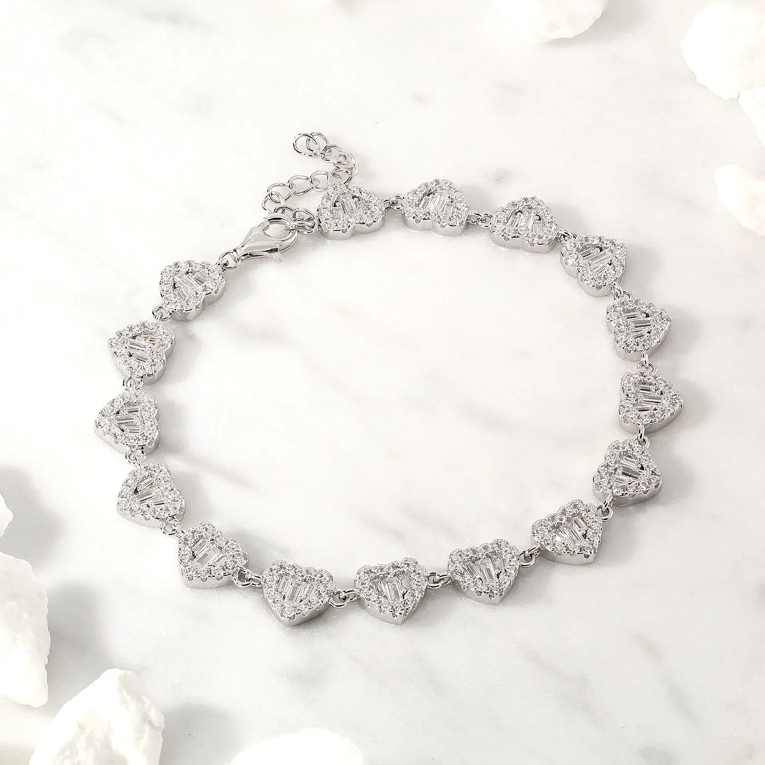 925 Sterling Silver Micro Pave Heart Cluster Baguette Bracelet