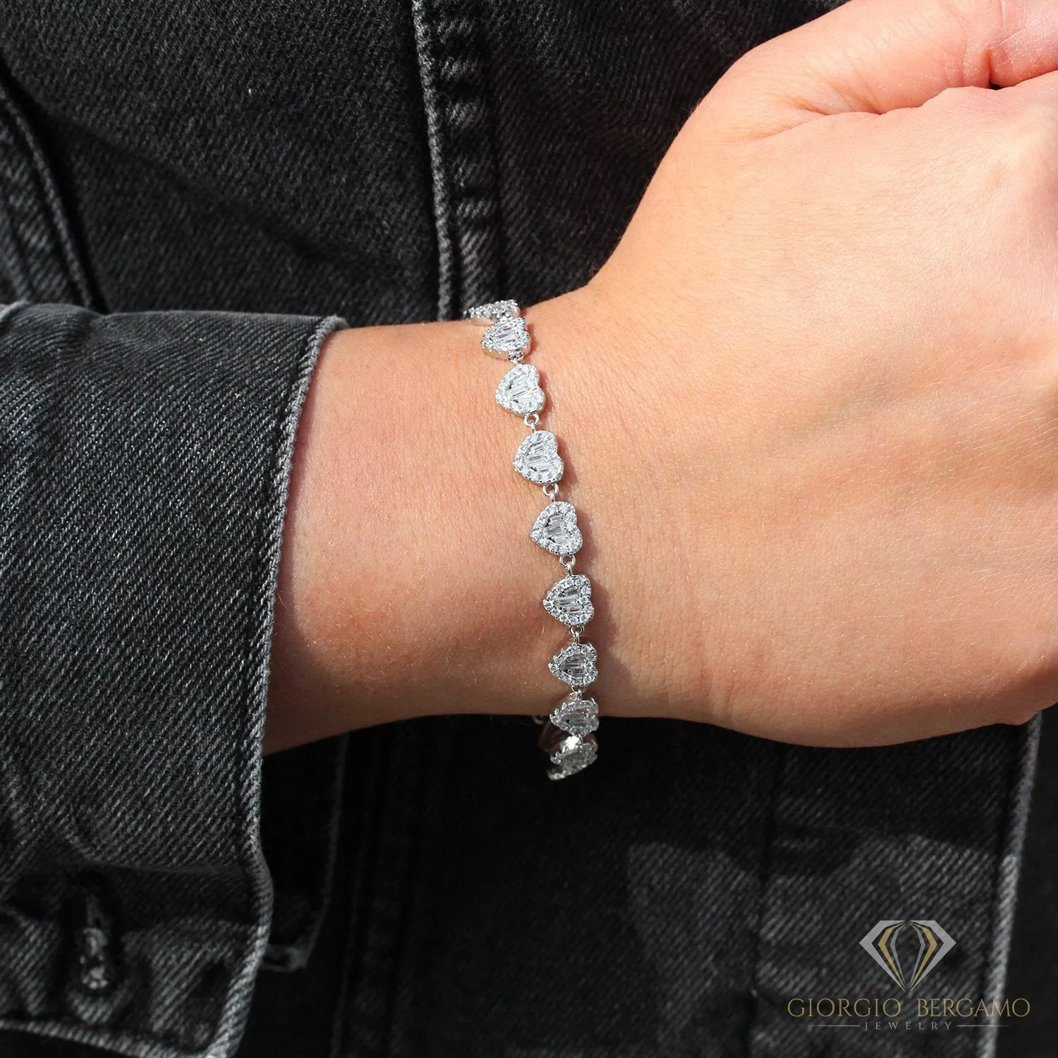 925 Sterling Silver Micro Pave Heart Cluster Baguette Bracelet