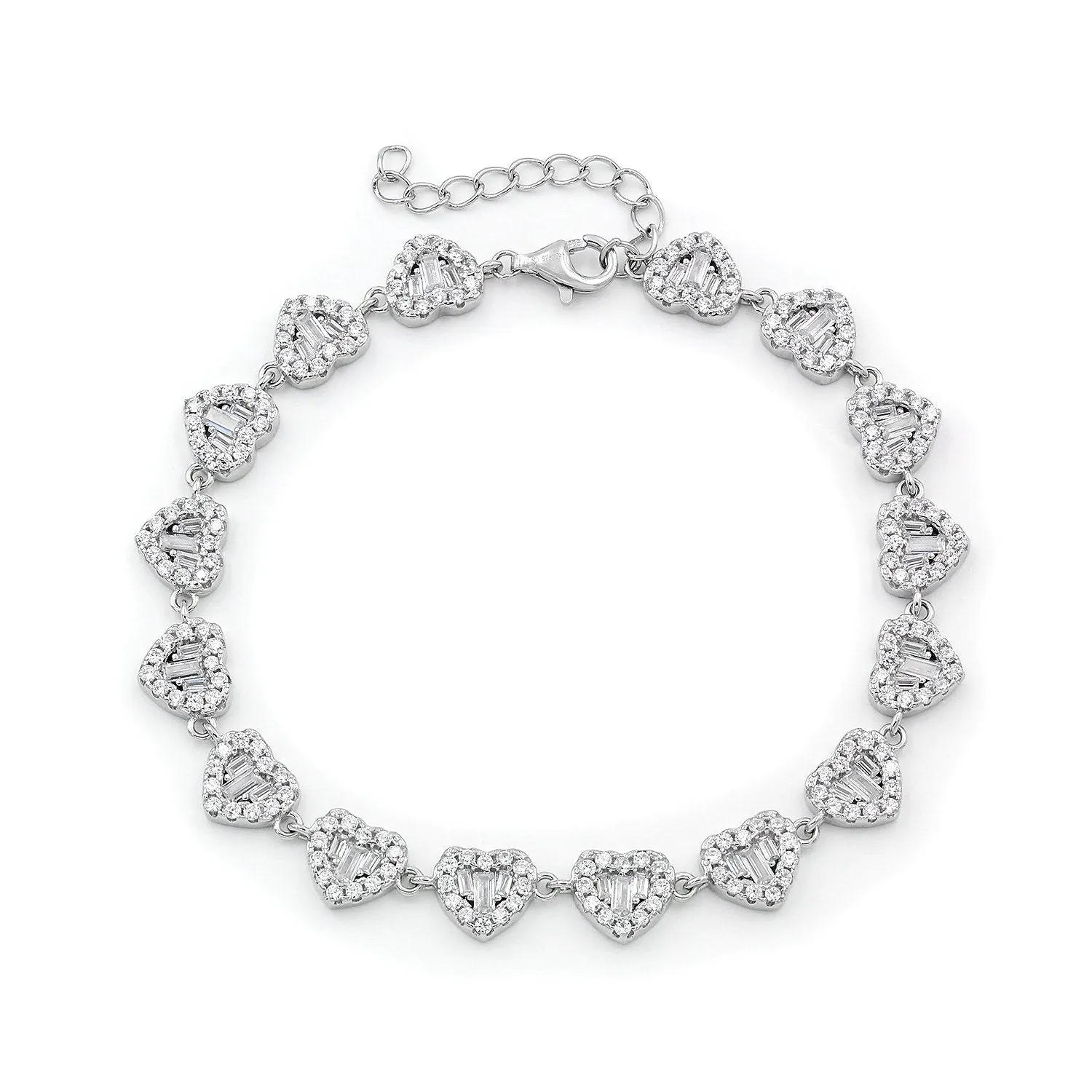 925 Sterling Silver Micro Pave Heart Cluster Baguette Bracelet