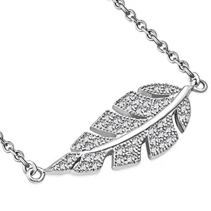 925 Sterling Silver Yellow Gold-Tone CZ Sideways Feather Leaf Pendant Necklace