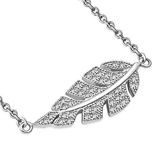 925 Sterling Silver Yellow Gold-Tone CZ Sideways Feather Leaf Pendant Necklace